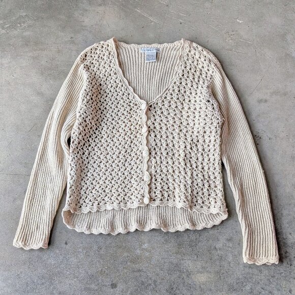 Vintage Sweaters - Vintage Victoria Jones Beige Open Knit Long Sleeve Cardigan Sweater large